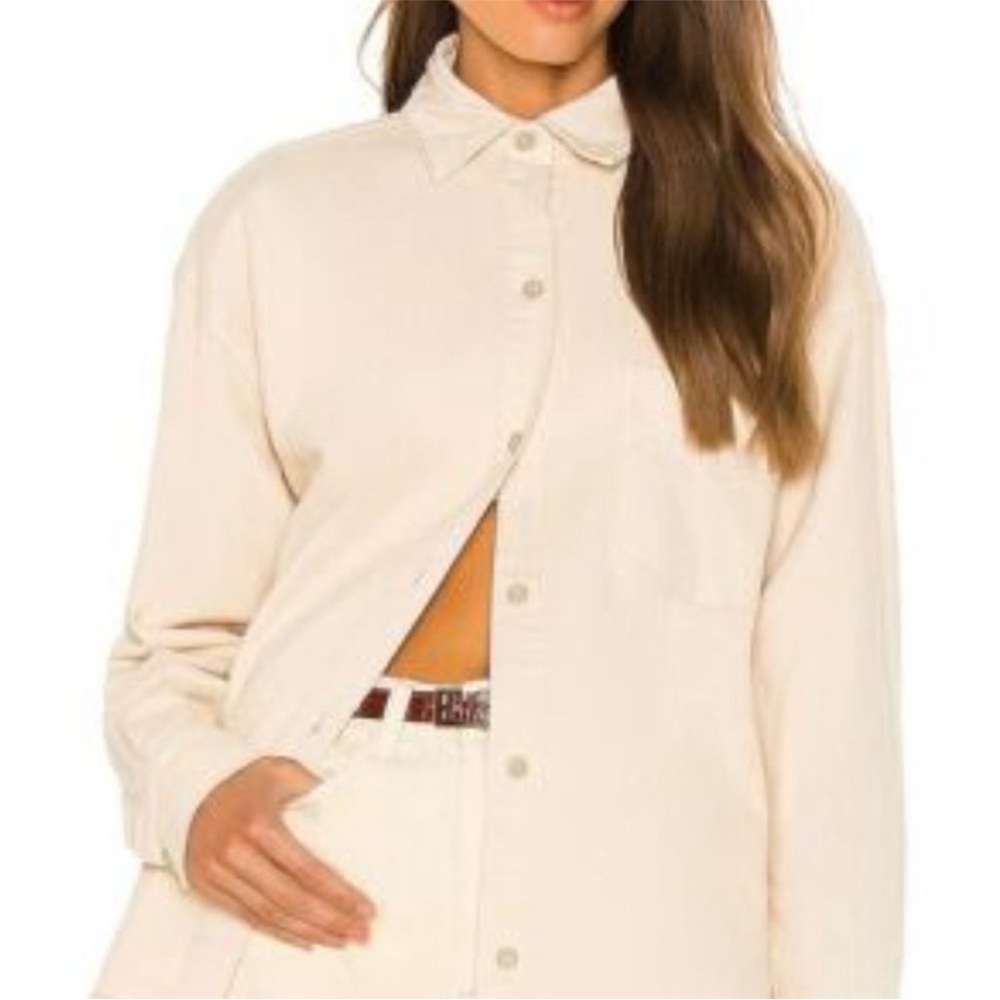 WeWoreWhat Boyfriend Shirt Camp Beige Long Sleeve Oversized